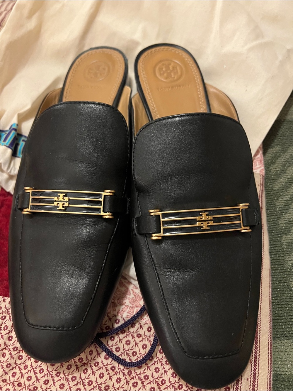 Tory Burch Black Leather Slip-On Mules with Gold Logo Bar